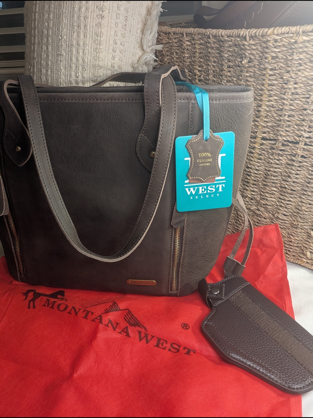 Montana West Dark Brown Leather Tote with Luggage Tag Concealed To Carry Leather